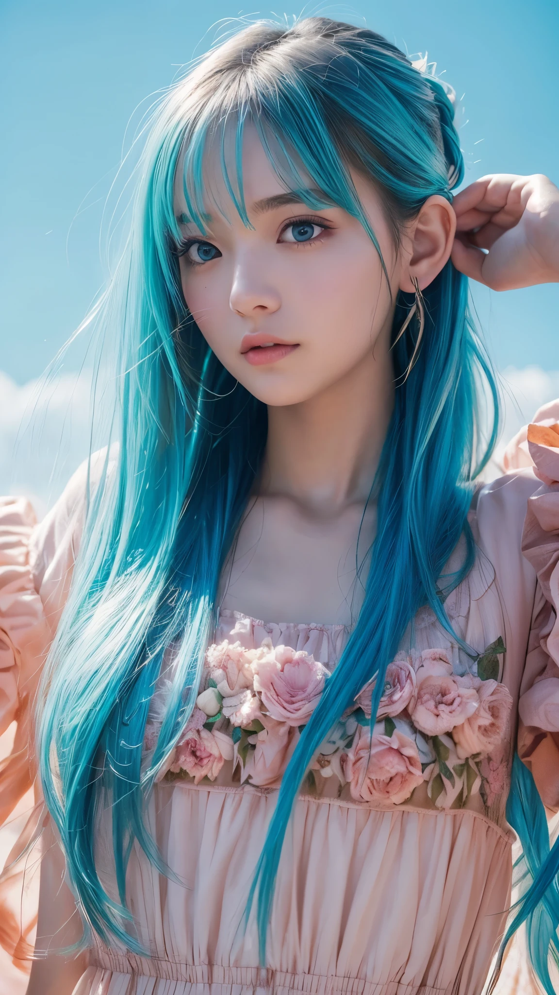 (masterpiece), (Highest quality), (Super detailed), (Disheveled Hair), (figure), (One Girl), (Fashionable clothes), Are standing, Fashion Model, Beholder, (interview), (Simple Background), Beautiful and beautiful eyes, Delicate and beautiful face, floating, (High saturation), (Colorful Splash), Colorful Bubbles, (Shine), Focus on the face, ponytail, Light blue hair, bangs, Hair Ring, floating Flowers, floating Hairs, (The Shining), Best lighting, Best Shadow