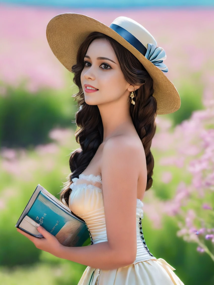 photo RAW,(Whimsical facial expression 1girl, solo, long hair, Hazel eyes, Tiramisu Brown hair, hat, dress, bow, Holding a book or magazine pose, bare shoulders, jewelry gems, flower, earrings, parted lips, blurry, Lime dress, lips, depth of field, bird, ring, feathers, corset, top hat, hat flower, hand on headwear,Realistic, realism, hd, 35mm photograph, 8k), masterpiece, award winning photography, natural light, perfect composition, high detail, hyper realistic
INFO