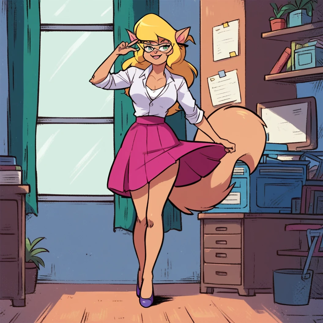 score_9, score_8_up, score_7_up, score_6_up, score_5_up, score_4_up, (Source furry), (rating ????), 1girl solo, indoors, office, looking at viewer, glasses, callie briggs,, detailed, detailed fur, front view, standing, wiggling her bottom,  full view, legs, purple heels,  white panties, hula dance, dancing, white top, hula skirt