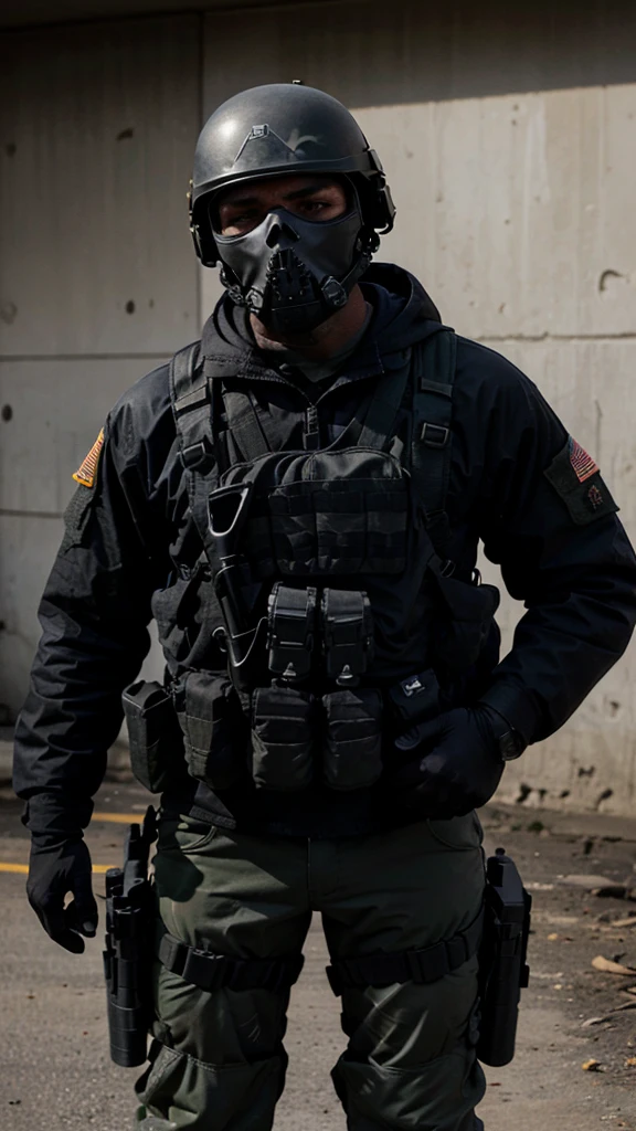 An American special forces soldier, with his face completely covered by a skull mask, helmet, and holding a rifle, full body, completely black