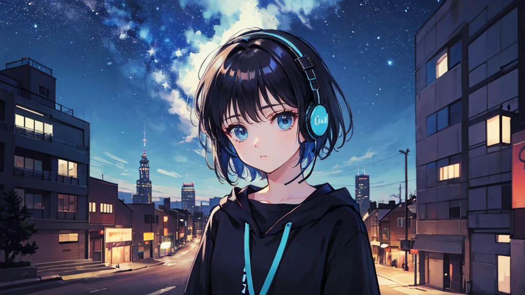 Black short Hair, Black Clothing, One Adult Woman Looking Sideways ,Blue headphones、 City of night, Delicate background、Masterpiece、Night Town、night、dark、Nostalgic、Starry Sky