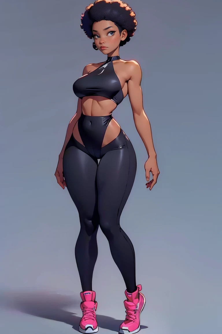 afro american girl, dark skin, full body view, afro haircut, 1 girl, solo, (black leggins) (black halter strap top), sleveless, wide hips