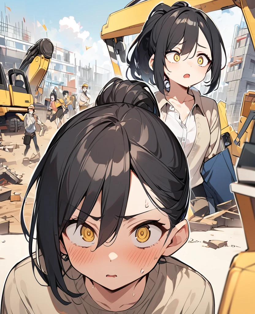 One Woman、Black Hair、Hairstyle、ponytail、Yellow Eyes、Slanted Eyes、whole body、Tsundere、Casual clothing、panic、Sweat、construction area、Ultra-precise and accurate、First Person View