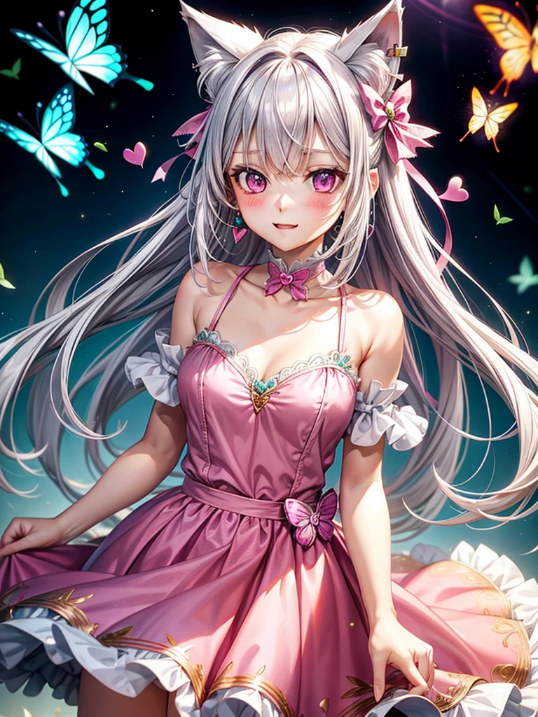 Silver hair, pink eyes, body, cat ears, woman, earrings, butterfly background, pink green clothes, heart hair bows, happy face