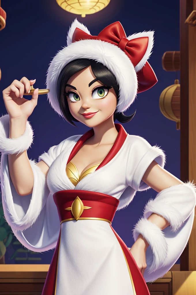 in the animation style of the 2017 ducktales series create a new character, She is a cat in Chinese clothing, white fur, big eyes and has great fighting skills but a feminine body 