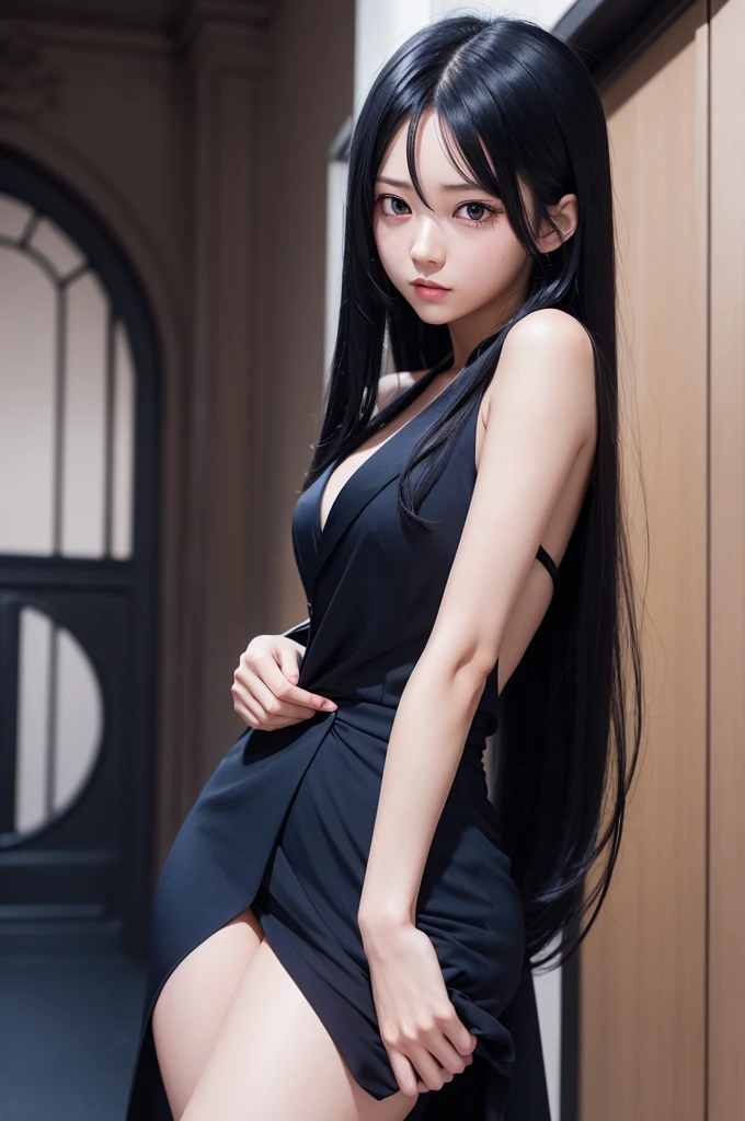 best quality, masterpiece,Black hair, blue eyes, looking up, wearing sexy small purple dress, bare shoulder, unconcerned sexy, NSFW,