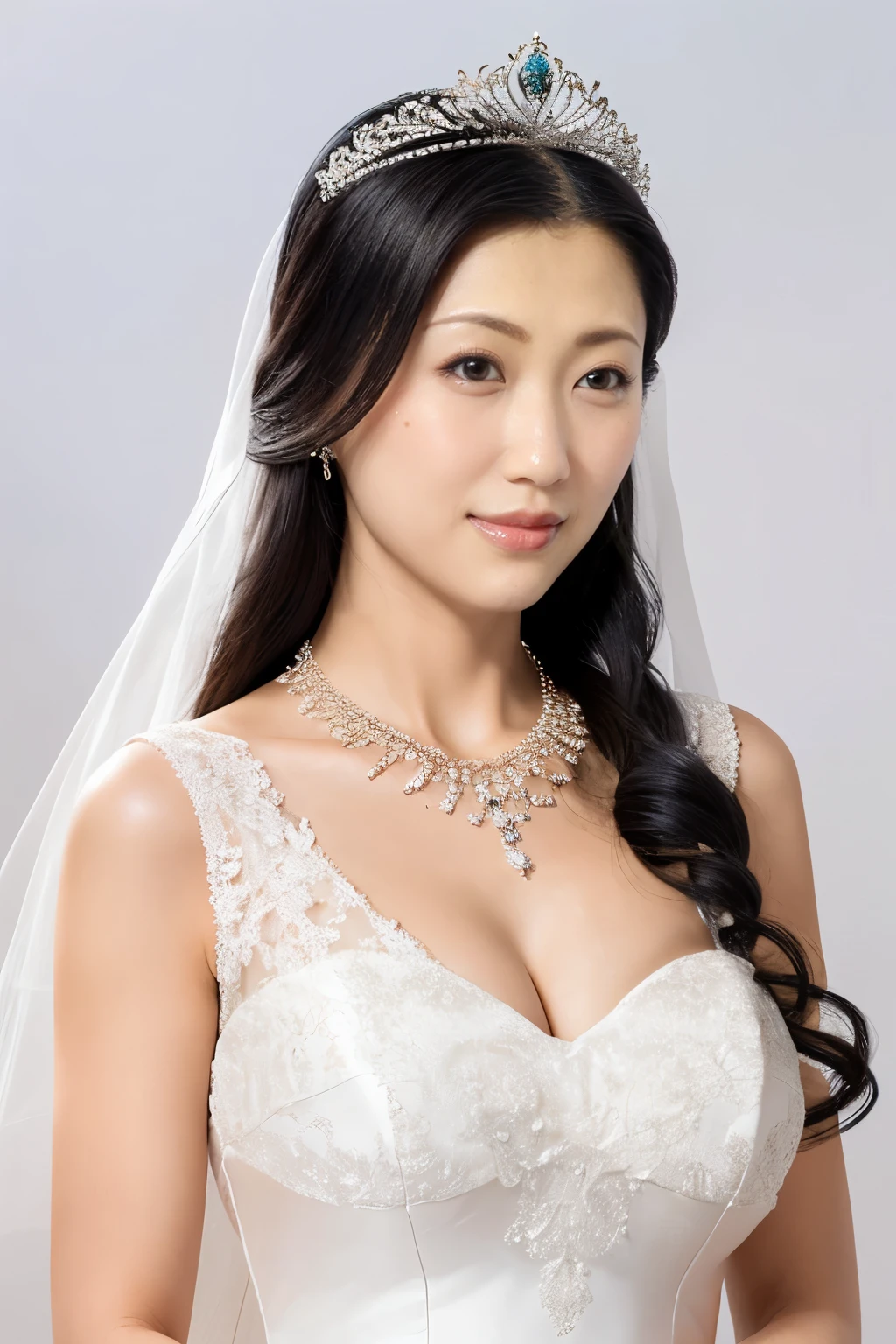 (Highest quality、Tabletop、8K、Best image quality、Award-winning works)、One beautiful bride、(alone:1.1)、(The most extravagant and gorgeous huge pure white wedding dress:1.1)、(Perfect Wedding Lace:1.2)、(The most gorgeous and luxurious giant tiara:1.1)、(The most extravagant and luxurious giant necklace:1.1)、The finest jewellery decoration、Perfect Makeup、Long eyelashes、Ultra HD Shining Eyes、Ultra HD Hair、Ultra High Resolution Glossy Lips、Beautiful face in ultra-high definition、(Accurate anatomy:1.1)、Very bright and beautiful skin、very bright and vivid、Perfect beautiful bridal hairstyles、(Front facing body:1.1)、(The simplest solid color background:1.2)、(Cold, expressionless face:1.4)、(Voluptuous body:1.3)、(Large Breasts:1.2)、(Cleavage:1.2)