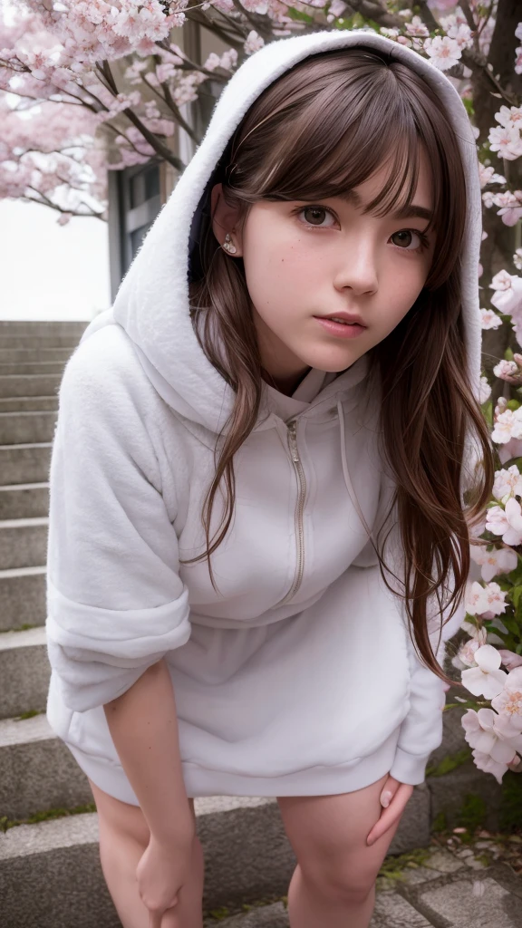 The young and beautiful Kieran Shipka, Highly realistic detailed face, 14 years old, Very white skin, Glasses, Big earrings, Hooded top, Pleated skirt, Dark leggings, Morning sun, Surreal, Model Body, Small breasts, Long Hair, Wavy Hair, Redhead Tips, Long legs, 8K, 超High resolution, Highest quality, Japanese cities, Tokyo, RAW Portrait, Realistic, Cherry Blossom, Ambient Lighting, Detailed Shadows, Camera focus on genitals, Leaning forward, Strong winds, fog, At the top of the stairs, Low camera facing up