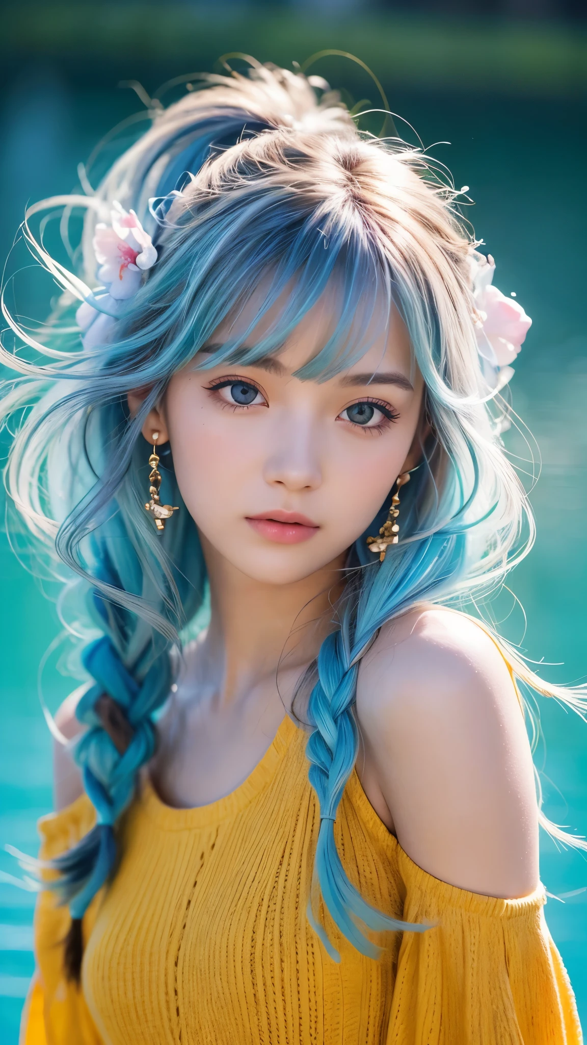 (masterpiece), (Highest quality), (Super detailed), (Disheveled Hair), (figure), (One Girl), (Fashionable clothes), Are standing, Fashion Model, Beholder, (interview), (Simple Background), Beautiful and beautiful eyes, Delicate and beautiful face, floating, (High saturation), (Colorful Splash), Colorful Bubbles, (Shine), Focus on the face, ponytail, Light blue hair, bangs, Hair Ring, floating Flowers, floating Hairs, (The Shining), Best lighting, Best Shadow