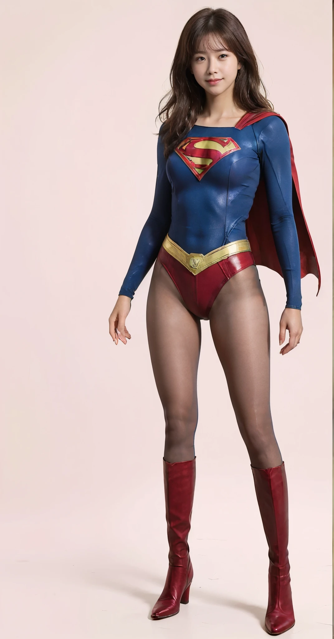 No background、(((Beautiful legs in black tights.)))、(((Legally express the beauty of your smile)))、((((Make the most of your original images)))、(((Supergirl Costume)))、(((Beautiful very short hair)))、(((suffering)))、(((Please wear black tights....、Wear red boots)))、((Best image quality、8K))、((Highest quality、8K、masterpiece:1.3))、(((Preserve background )))、Sharp focus:1.2、Beautiful woman with perfect figure:1.4、Slim Abs:1.2、Wet body:1.5、Highly detailed face and skin texture、8K