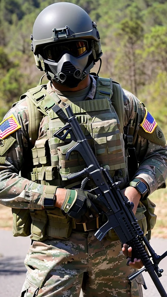 An American special forces soldier, with his face completely covered by a skull mask, helmet, and holding a rifle, full body, completely black