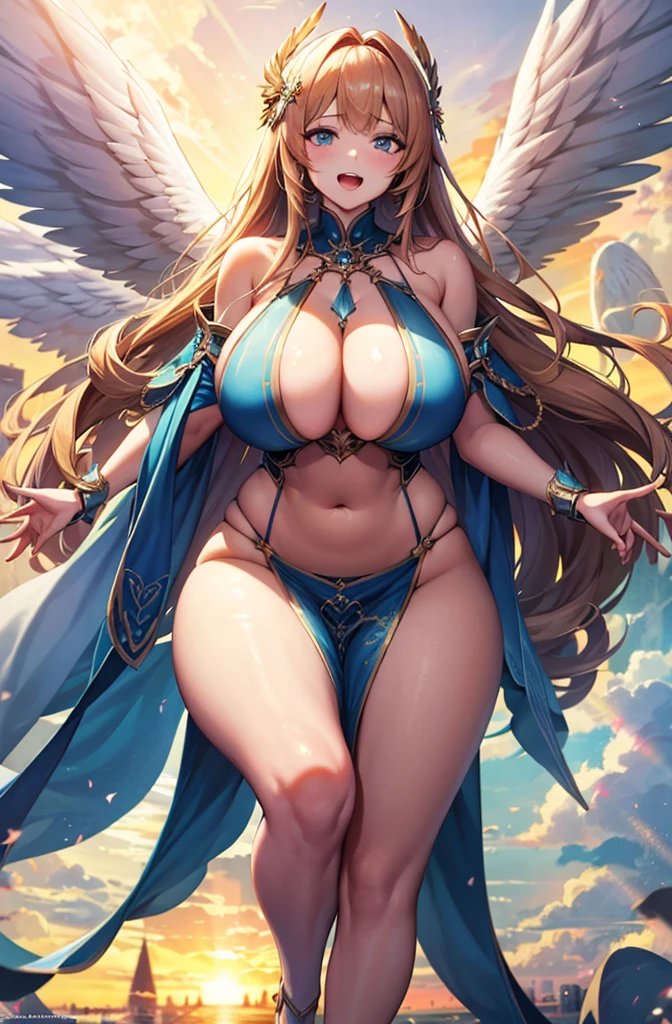 最high quality, high quality, 8K、High resolution,Highest quality、solo、胸に翼のある白いビキニ姿のtallのadult female angel、belly button、Thighs、tall、super Wide Angel, Open Mouth Smile、Thighs、Naturally Shaped Fingers、Long neck、from the front、Looking at this、belly button、Blonde hair and blue eyes、Majestic Angel, Anime Goddess, Wide Angel, thick, Beautiful and attractive anime woman, Huge and stunning goddess shots, Angel Adult Woman, adult female angel, She has angel wings on her back,Highly detailed goddess shot