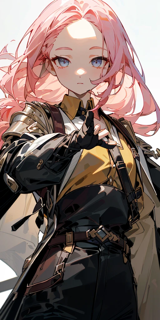 1 girl、one person、skinny body shape、orange hair、beautiful lilac eyes、intense joy on the face、upper body close-up, ((highest quality、masterpiece、((detailed))、1 cute girl、beautiful face、beautiful anime、1girl、young girl、 solo、long hair、cute bangs、 (forehead:1.2)、Lilac eyes、(Soft pink hair)、 athletic、 neutral、 (overcoat、black coat、 open coat:1.2)、yellow shirt、 collared shirt、 (chest harness、 shoulder strap:1.15)、 black leather Pants、garter belt、gloves、(Light armor)、from below、elegant、 looking at viewer、standing、Isometric light、 (close-up to face:1.3)、4k