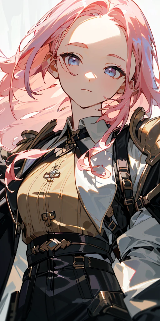 1 girl、one person、skinny body shape、orange hair、beautiful lilac eyes、intense joy on the face、upper body close-up, ((highest quality、masterpiece、((detailed))、1 cute girl、beautiful face、beautiful anime、1girl、young girl、 solo、long hair、cute bangs、 (forehead:1.2)、Lilac eyes、(Soft pink hair)、 athletic、 neutral、 (overcoat、black coat、 open coat:1.2)、yellow shirt、 collared shirt、 (chest harness、 shoulder strap:1.15)、 black leather Pants、garter belt、gloves、(Light armor)、from below、elegant、 looking at viewer、standing、Isometric light、 (close-up to face:1.3)、4k
