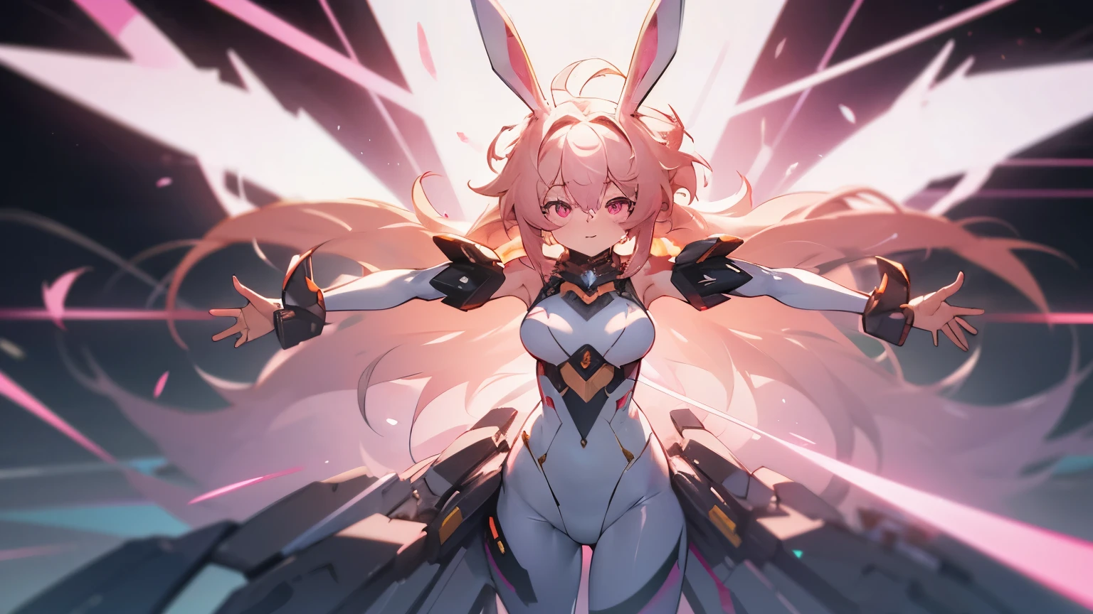 bust up, girl, women, open arms, wants to hug, long hair, dynamic pose, pink eyes, symetrical, front view, ((Masterpiece)), 8K, wide shot, cinematic lighting, (very messy hair, Spread both arms out, Cute Beautiful girl, bunny suit,