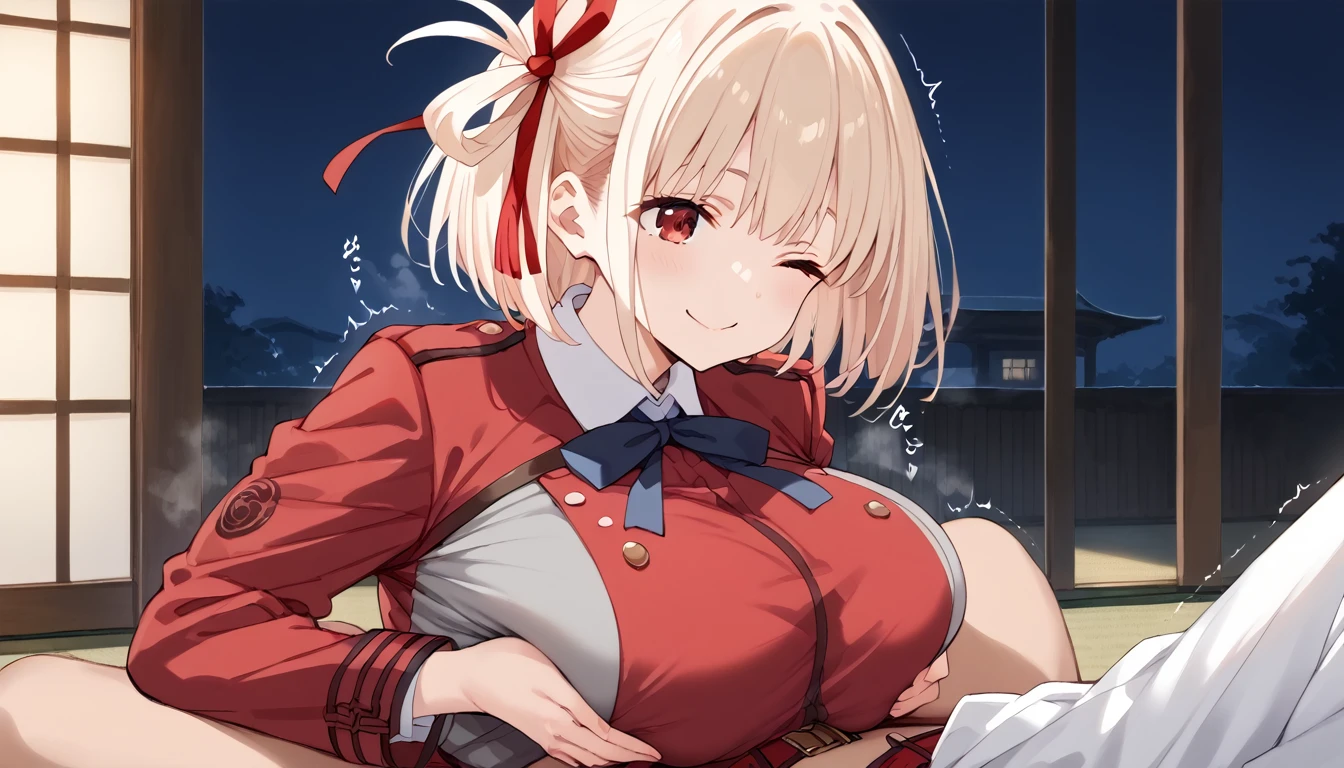 score_9, score_8_up, score_7_up, source_anime,1girls,chisato nishikigi, short hair, bangs, blonde hair, red eyes, hair ribbon, one side up, bob cut, smile, shirt, long sleeves, dress, ribbon, white shirt, collared shirt, belt, neck ribbon, (red dress), blue ribbon, pleated dress, grey dress, two-tone dress, red belt, lycoris uniform, large breasts, half updo, japanese style room, tatami, futon, night, 1boy, paizuri, , facial, one eye closed, seductive smile, steam, sound effects, uncensored, motion lines, motion blur, trembling
