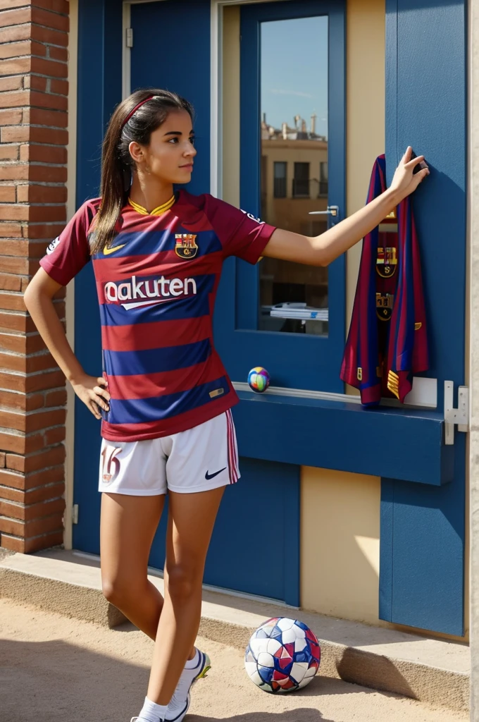 A girl supporting Barcelona from her house that is next to the stadium with her Barcelona shirt and that has Lamine Yamal&#39;s number and name on the back