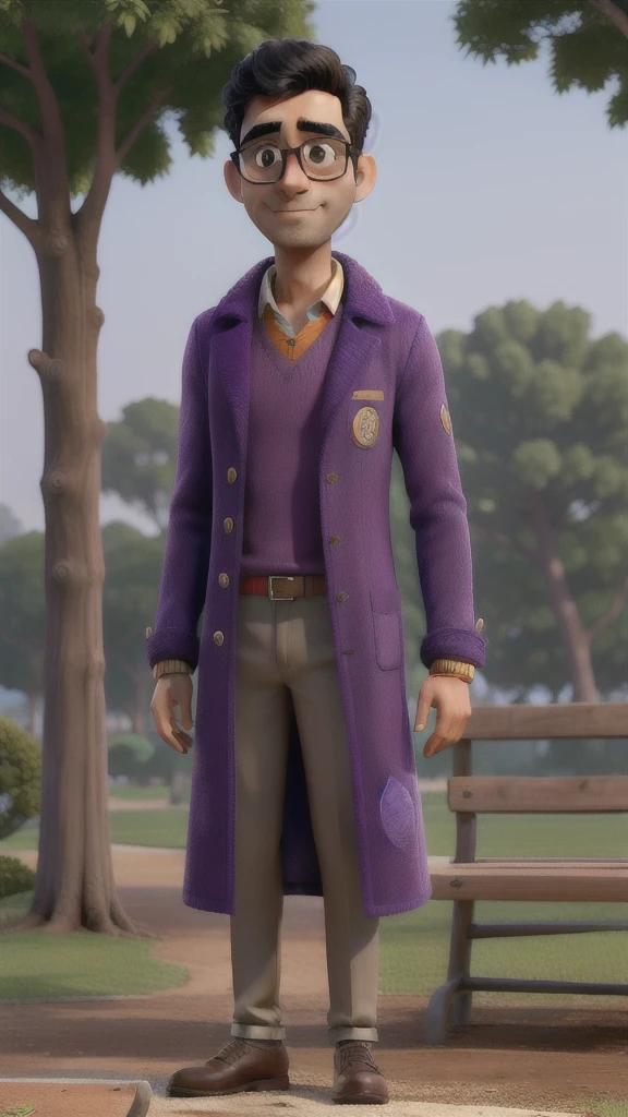 masterpiece, best quality, an Indian man Rahul 28 years old with glasses , wearing a purple coat , standing at the park