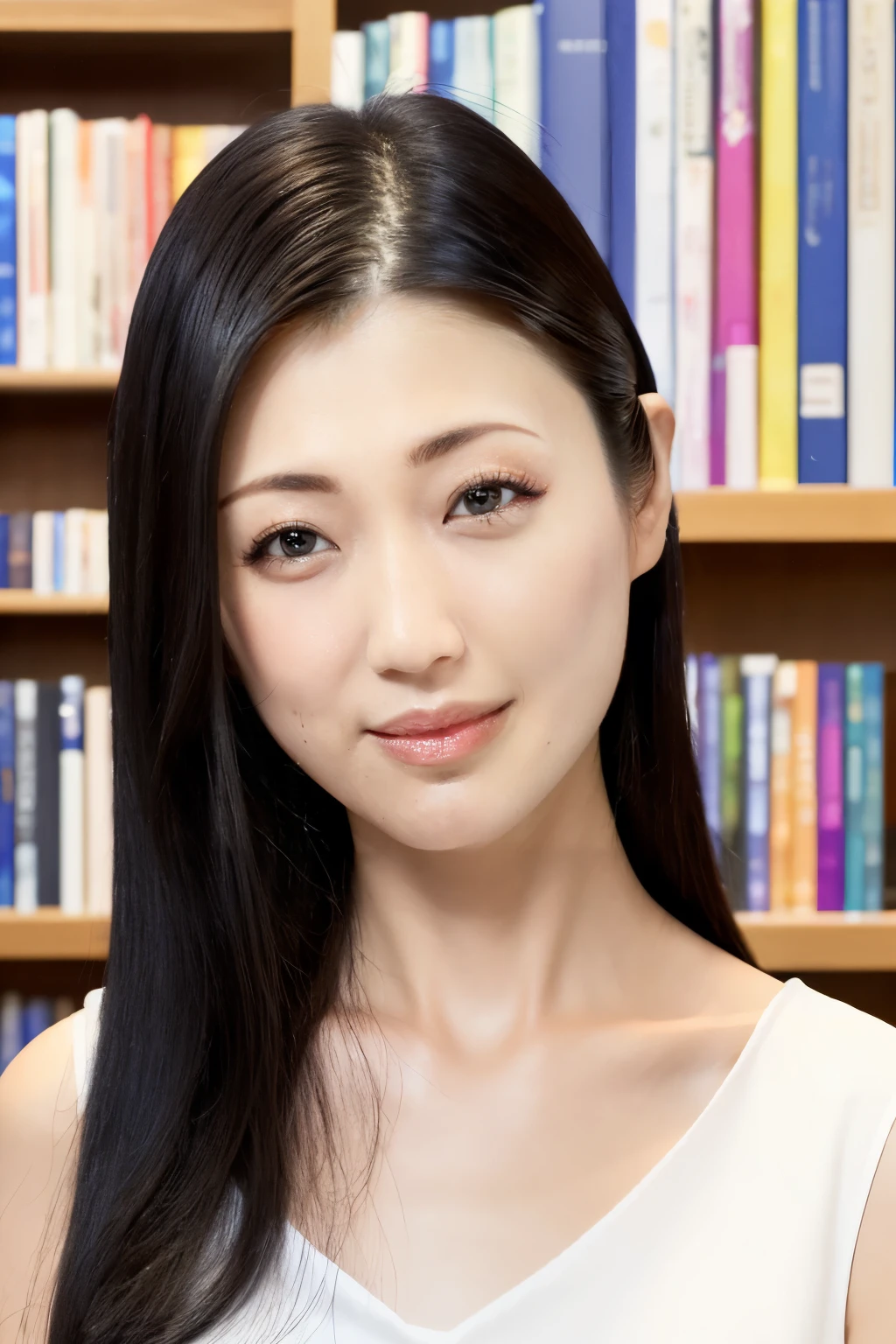 (Highest quality、Tabletop、8K、Award-winning works、Ultra-high resolution、Best image quality)、One beautiful woman、(The perfect sleeveless white open V-neck collar blouse:1.3)、(Open chest:1.2)、(Cleavage:1.2)、(Elegant round glasses:1.2)、library、(Standing Elegantly:1.1)、(Strongly blurred background:1.1)、Stand next to a bookshelf、(Perfectly organized bookshelf:1.1)、Bookshelf in the background、A cozy library、lipstick、Long eyelashes、Perfect Makeup、Emphasize lines、soft and warm lighting、Detailed bookshelf、(Ultra-high resolution for precise, beautiful hair:1.1)、(Accurate anatomy:1.2)、Ultra-high definition beautiful eyes、(Super bright and radiant skin:1.1)、(Face close-up:1.1)、(Staring at me with a cold, blank look:1.2)