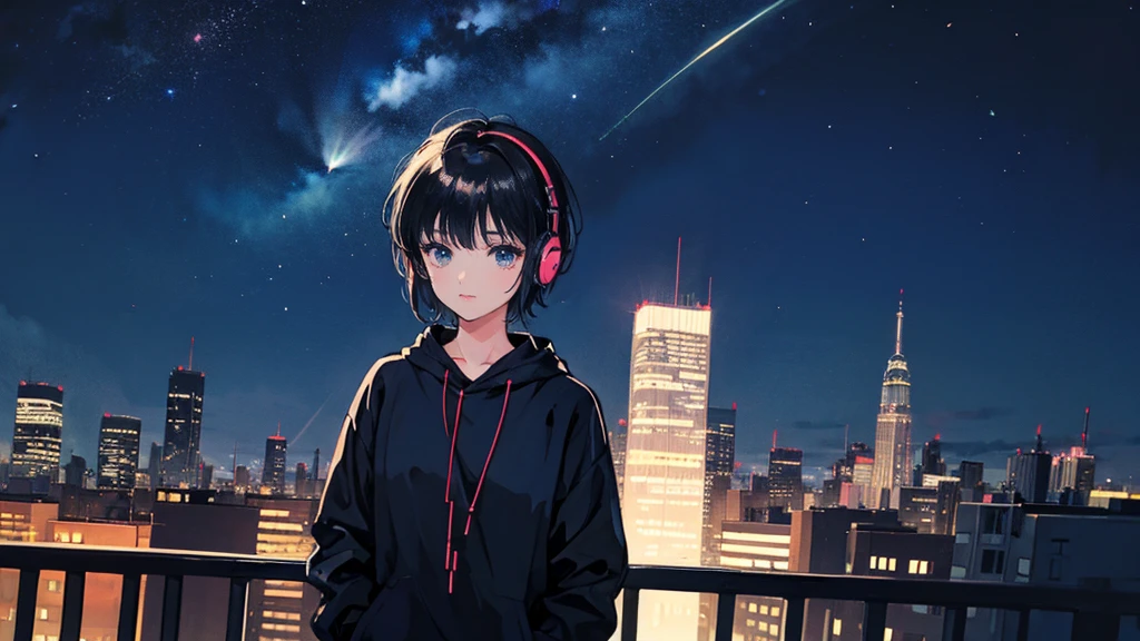 Black short Hair, Black Clothing, One Adult Woman Looking Sideways ,Blue headphones、 City of night, Delicate background、Masterpiece、Night Town、night、dark、Nostalgic、Starry Sky