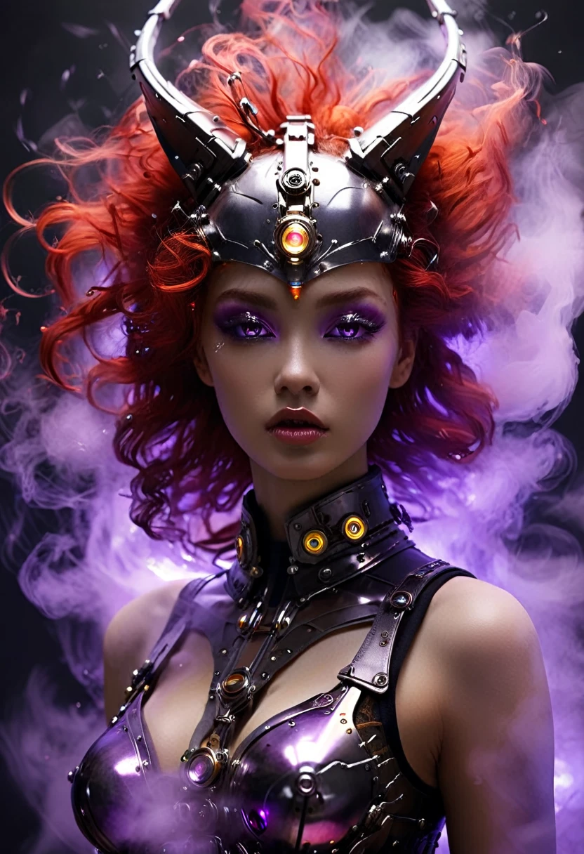 La doctora Octavia, en representacion de un fetiche sexualizado. (top-quality:1.2, masterpiece)、ultra high resolution、extremely ultra surrealism, (Photorealsitic:1.4)、Raw photo、(Steampunk Battle Cyborg fallen angel)、large bat wings made of metal、black porcelain body、red hair、glowy skin、1 Cyborg girl、(mechanical frame:1.3)japanese, extremely cute face, ((super realistic details))、portrait、globalillumination、Shadow、octan render、8K、ultrasharp、character edge light、Details of complex ornaments、Acrylic Clear Cover、Sumerian details、Hydraulic cylinder、Small LED lamp、highly intricate detail、Realistic light、a purple eye、radiant eyes、Facing the camera、neon details、cowboy shot、Futuristic headgear、About Cyberpunk