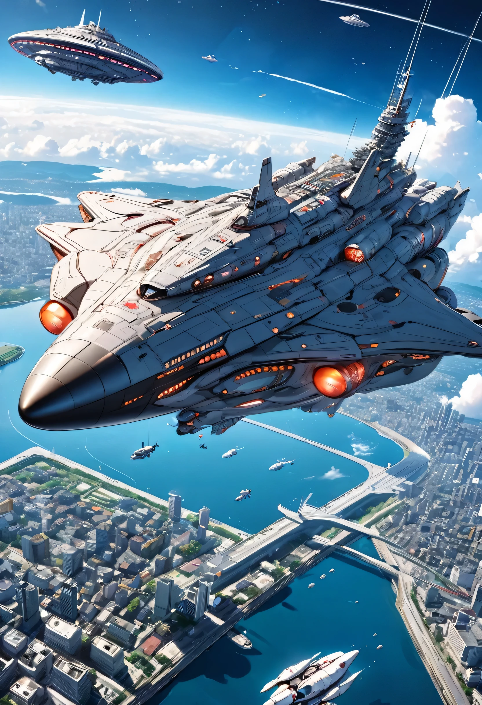(the biggest Space Battleship, Floating above the Hakata city surface), (a many Small UFO, floating), perfect anatomy, masterpiece, best quality, 16k, beautiful detailed grow, daydreaming expression.