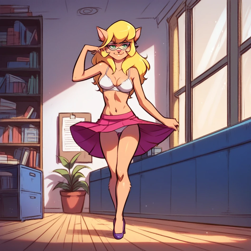 score_9, score_8_up, score_7_up, score_6_up, score_5_up, score_4_up, (Source furry), (rating nsfw), 1girl solo, indoors, office, looking at viewer, glasses, callie briggs,, detailed, detailed fur, front view, standing, wiggling her bottom, full view, legs, purple heels, white , hula dance, dancing, white bra, hula skirt