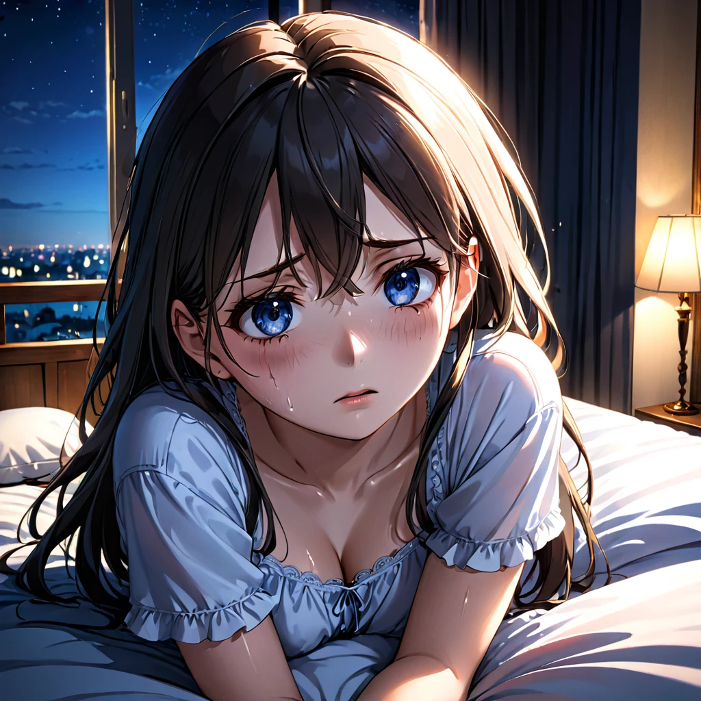 a very pretty girl,sad,tears in the eyes,detailed eyes,in the room,detailed shadows ,at night in bed , crying, ultra realistic anime style, HDR, 12 k 