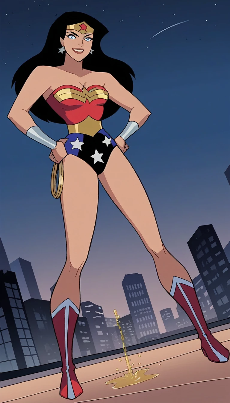 score_9, score_8_up, score_7_up, source_anime, dianaprince, diana prince, blue eyes, black hair, cleavage, bare shoulders, jewelry, star \(symbol\), leotard, star print, superhero, outdoors, cityscape, hands on hips, smile, full body, looking at viewer, solo, dutch angle, red boots, ((wetting self, pee stains, puddle)), cameltoe