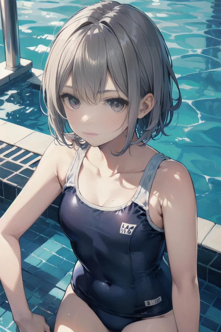 high quality、最high quality、Ultra-high resolution、Slender beauty、School Swimsuit、Gray Hair、Dark Eyes、short hair、Embarrassed look、Droopy eyes、Poolside