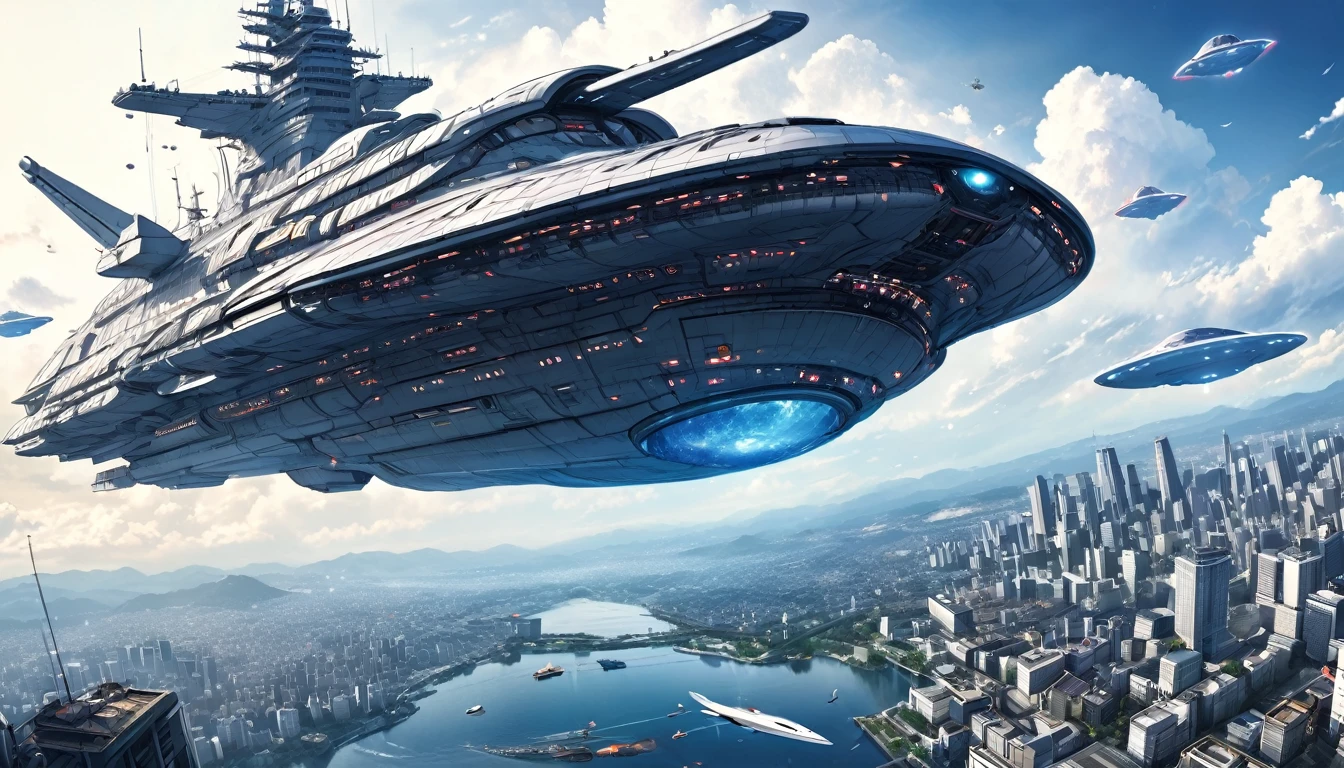 panoramic:1.2, (the biggest Space Battleship, Floating above the Hakata city surface), (a many Small UFO, floating), perfect anatomy, masterpiece, best quality, 16k, beautiful detailed grow, daydreaming expression.
