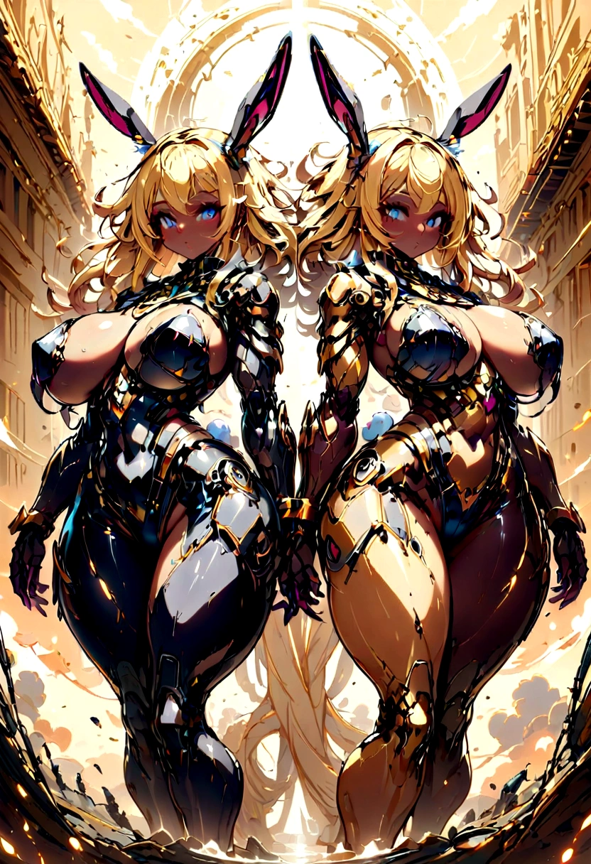 Beautiful rabbit woman, Bullish, voluptuous, musclegirl, darkskin, blonde hair and blue eyes