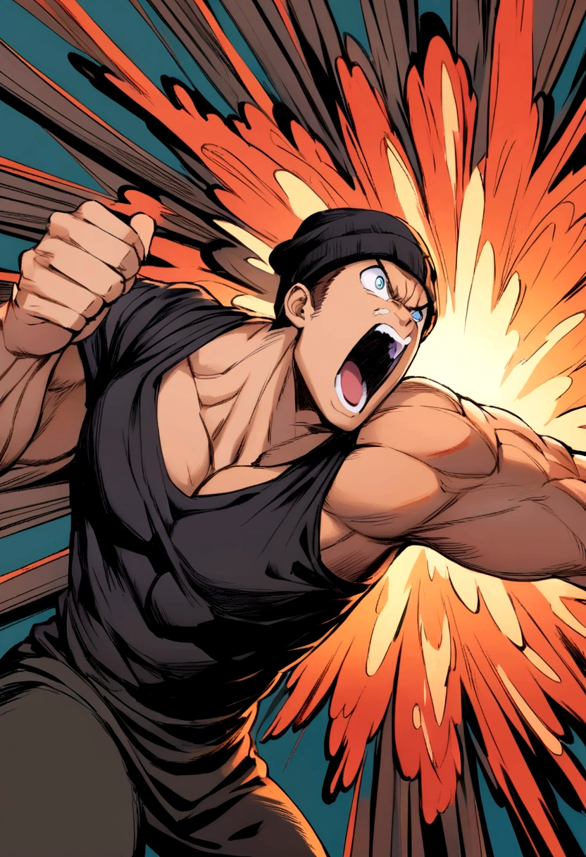 boy screaming muscular black clothes medium long brown hair wearing a black beanie hat with an explosion of  all over the image