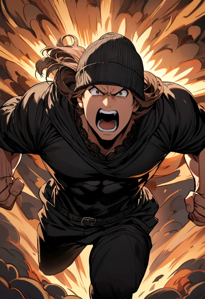 boy screaming muscular black clothes medium long brown hair wearing a black beanie hat with an explosion of all over the image