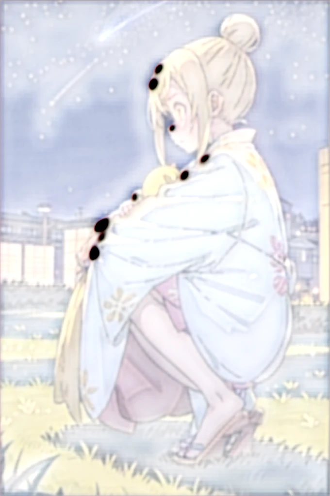 Hikari, yukata, single hair bun, side locks,
1 girl, standing alone,
squatting down, Diamant, natta, excitado, natta sky