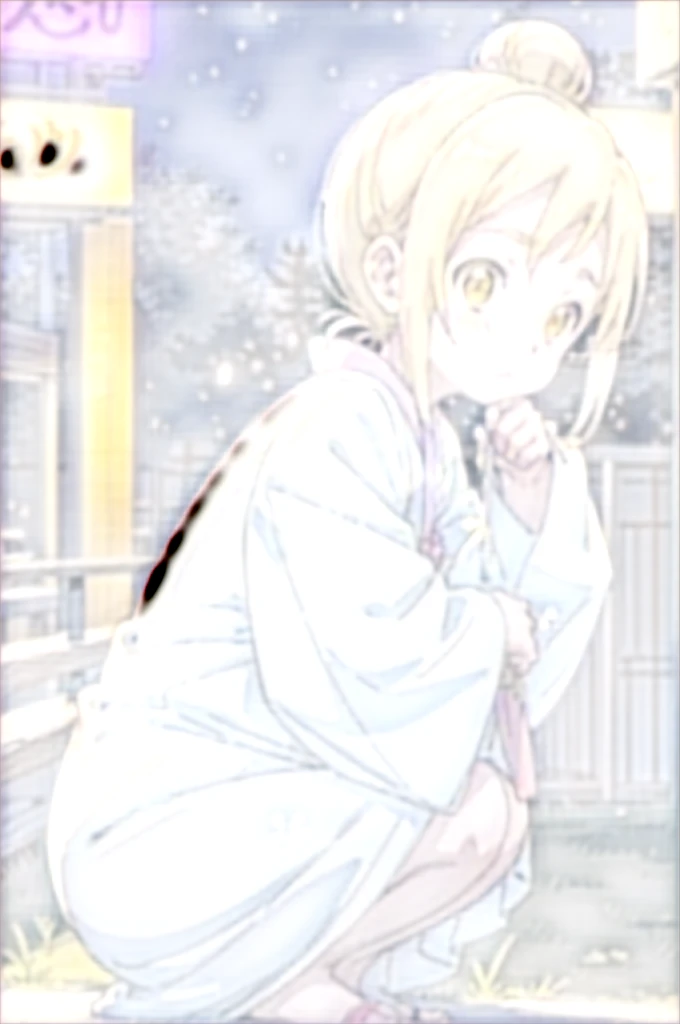 Hikari, yukata, single hair bun, side locks,
1 girl, standing alone,
squatting down, Diamant, natta, excitado, natta sky