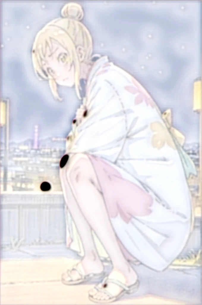 Hikari, yukata, single hair bun, side locks,
1 girl, standing alone,
squatting down, Diamant, natta, excitado, natta sky