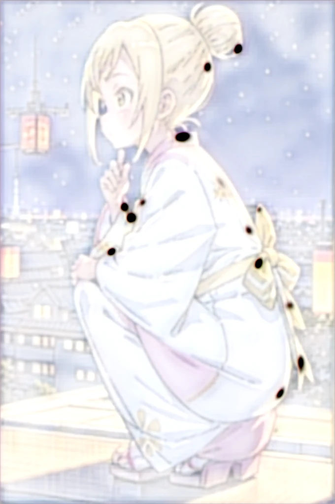 Hikari, yukata, single hair bun, side locks,
1 girl, standing alone,
squatting down, Diamant, natta, excitado, natta sky