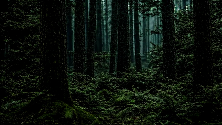 a mysterious forest full of trees and vegetation. High 8K image quality . Among the trees a mysterious dark human figure. 