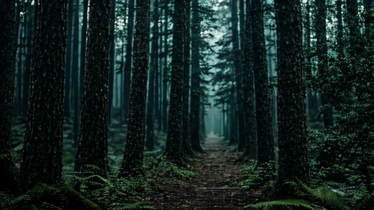 a mysterious forest full of trees and vegetation. High 8K image quality . Among the trees a mysterious dark human figure.