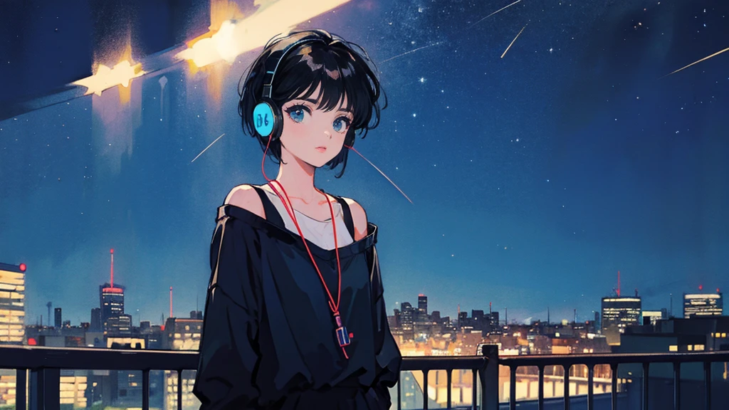 Black short Hair, Black Clothing, One Adult Woman Looking Sideways ,Blue headphones、 City of night, Delicate background、Masterpiece、Night Town、night、dark、Nostalgic、Starry Sky