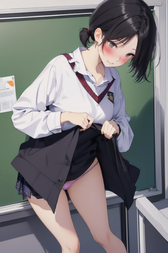 Black Hair、short hair、Short Ponytail、Blushing、Embarrassed、Take off your panties、、School classroom、blackboard