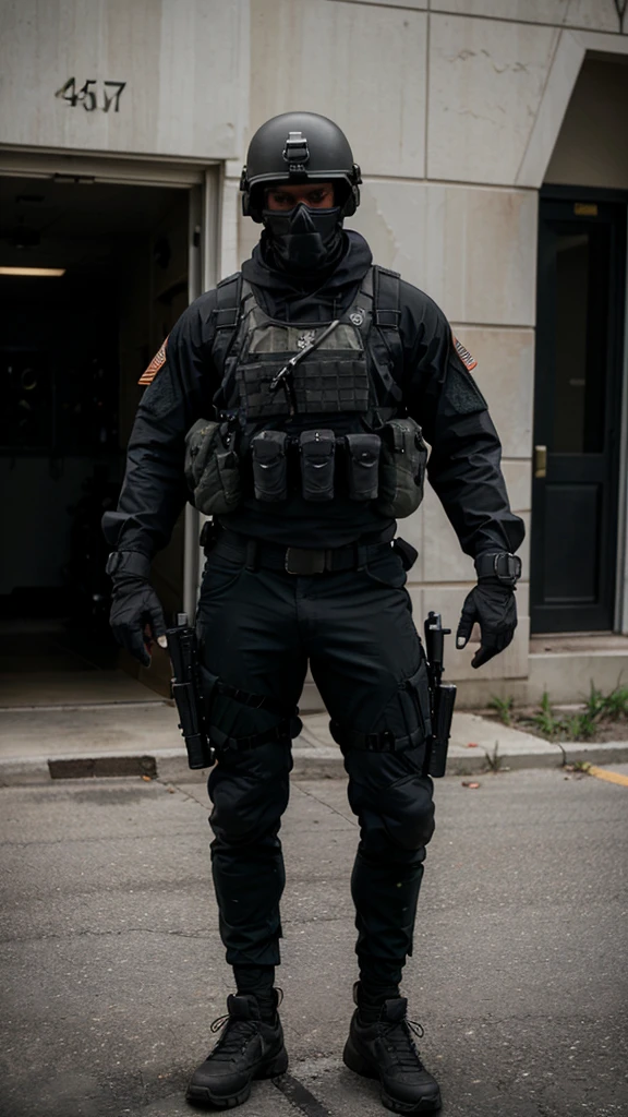 An American special forces soldier, with his face completely covered by a skull mask, helmet, and holding a rifle, full body, completely black