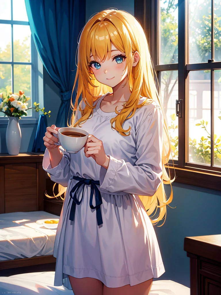beautiful young woman, anime style, detailed face, bright morning light, cheerful expression, casual morning attire, soft bed hair, standing by a window with sunlight streaming in, vibrant and warm colors, cozy bedroom background, holding a cup of coffee or tea, morning vibes, highly detailed, 8k resolution, cinematic lighting, best quality, vibrant colors, Instagrammable, aesthetic, trendy