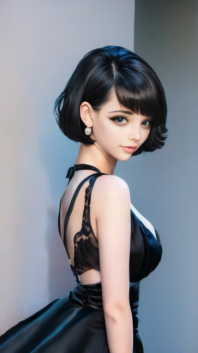 (masterpiece, best quality:1.2),bellissima, realistic, xcharleston style, 1girl, short hair, black hair, 1boy, dress, jewelry, earrings, blunt bangs, black dress, makeup, formal, suit, realistic