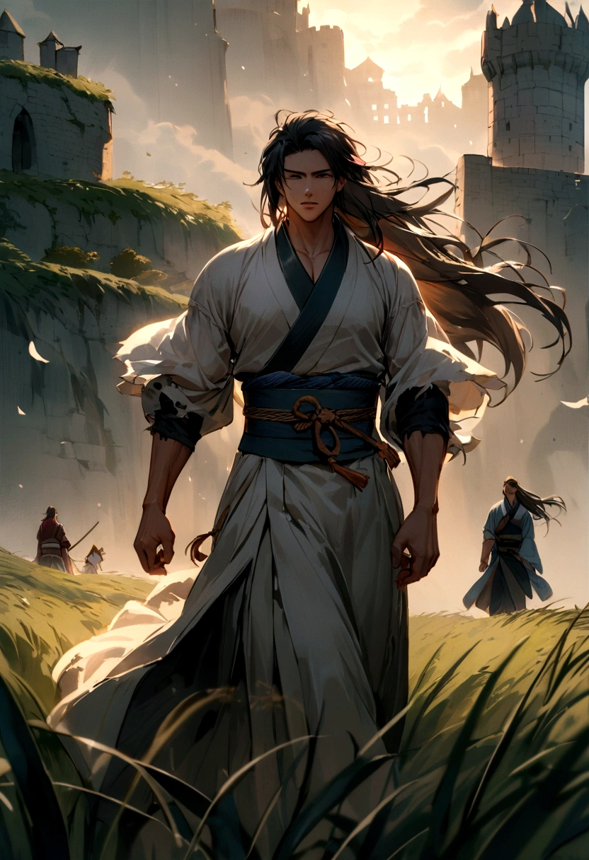 make a young and strong fighter, He is muscular and has long hair and wears a kimono with ripped sleeves., he will be walking through a grassy terrain with a castle in the background, and the strong wind blowing, he walks in front of us