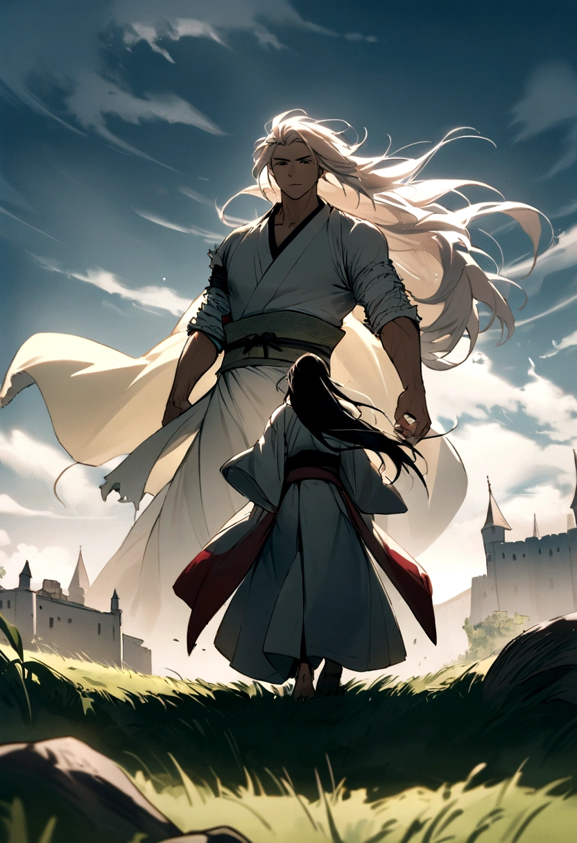 make a young and strong fighter, He is muscular and has long hair and wears a kimono with ripped sleeves., he will be walking through a grassy terrain with a castle in the background, and the strong wind blowing, he walks in front of us