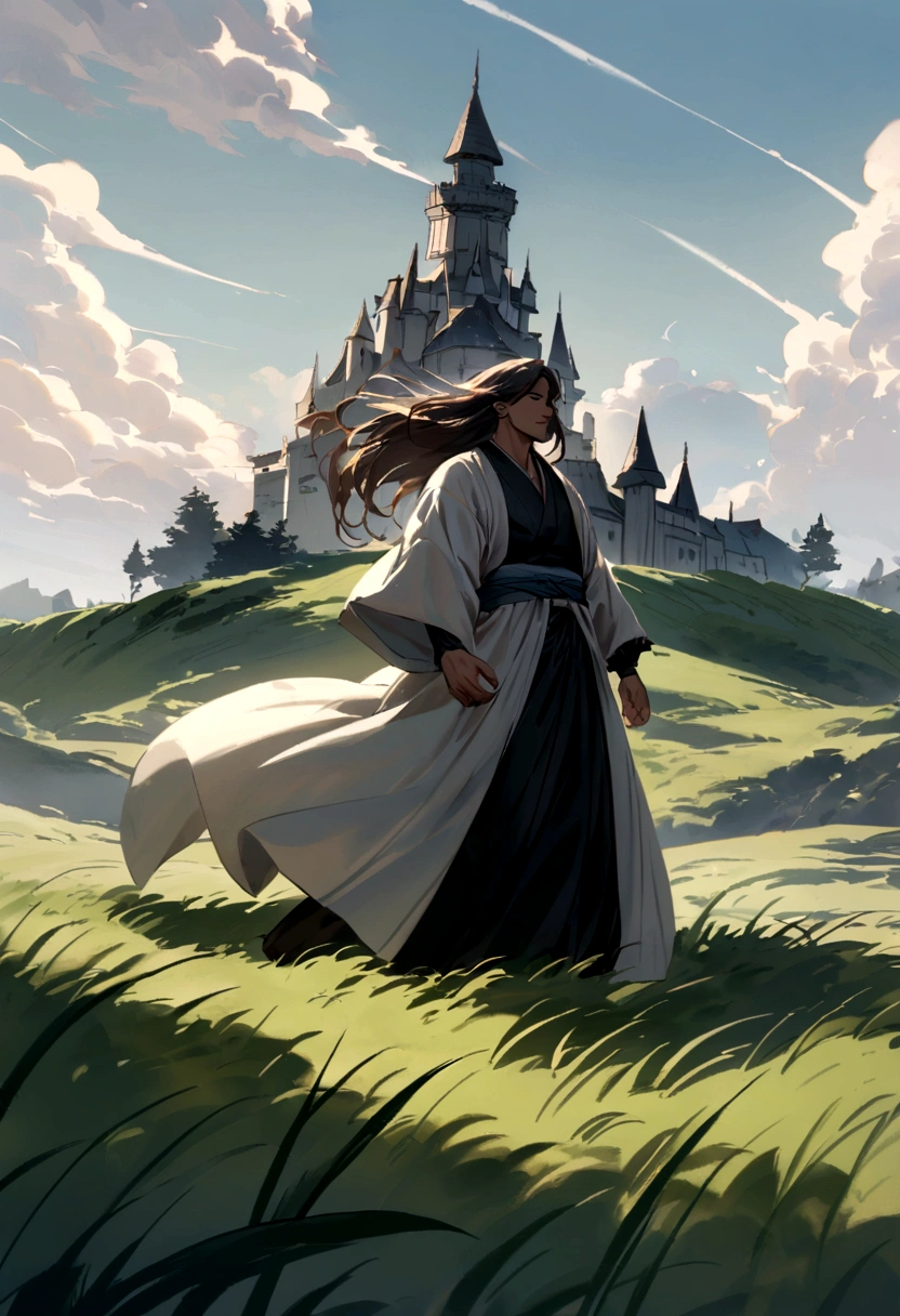 make a young and strong fighter, He is muscular and has long hair and wears a kimono with ripped sleeves., he will be walking through a grassy terrain with a castle in the background, and the strong wind blowing, he walks in front of us