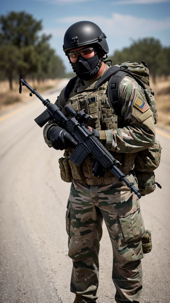 An American special forces soldier, with his face completely covered by a skull mask, helmet, and holding a rifle, full body, completely black