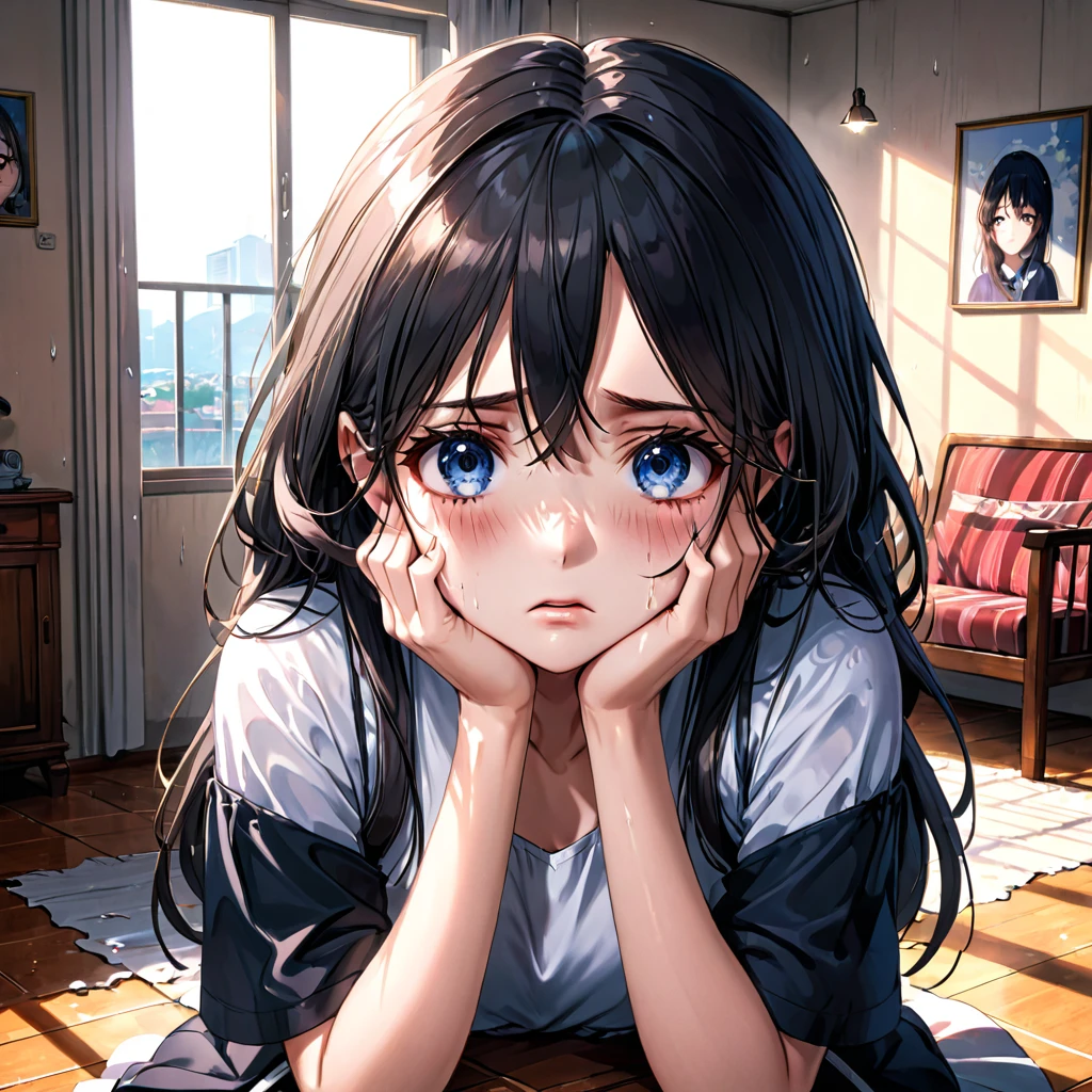 a very beautiful girl, sad, tears in her eyes, extremely detailed eyes and face, in a room, detailed shadows, crying, ultra-realistic anime style, HDR, 12k